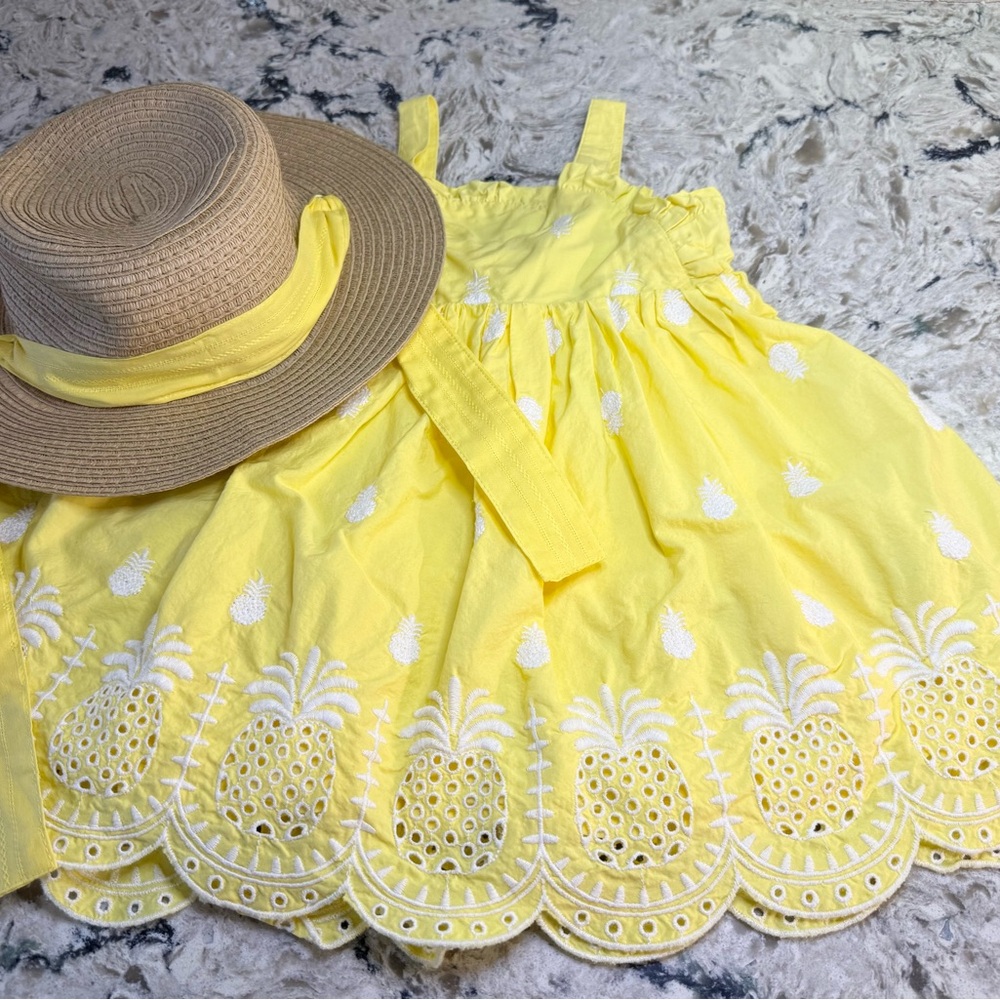 Flapdoodles Yellow Pineapple Eyelet Dress with Matching Straw Hat